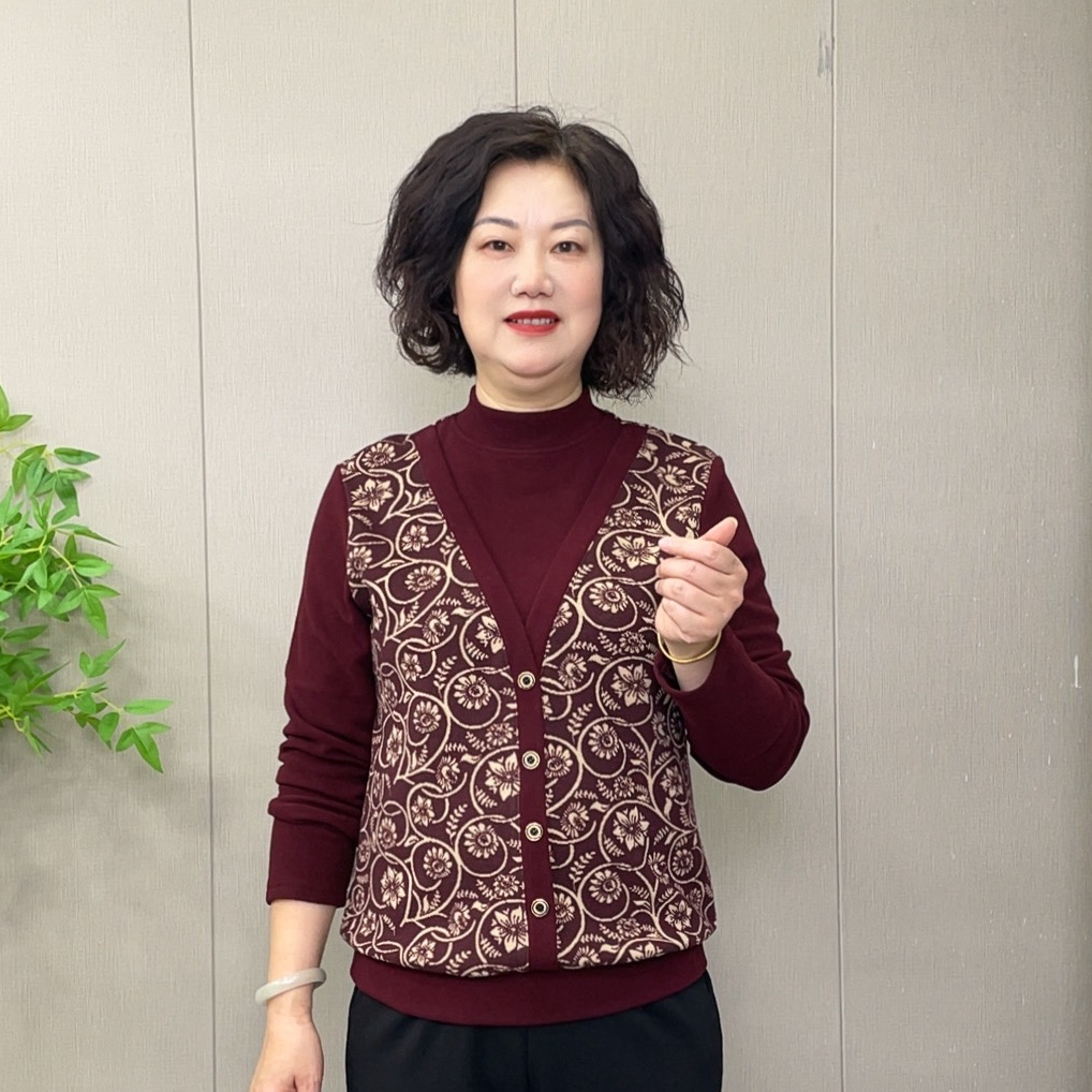 2025秋冬新款时尚洋气减龄假二件半高领中老年女装遮肚显瘦打底衫