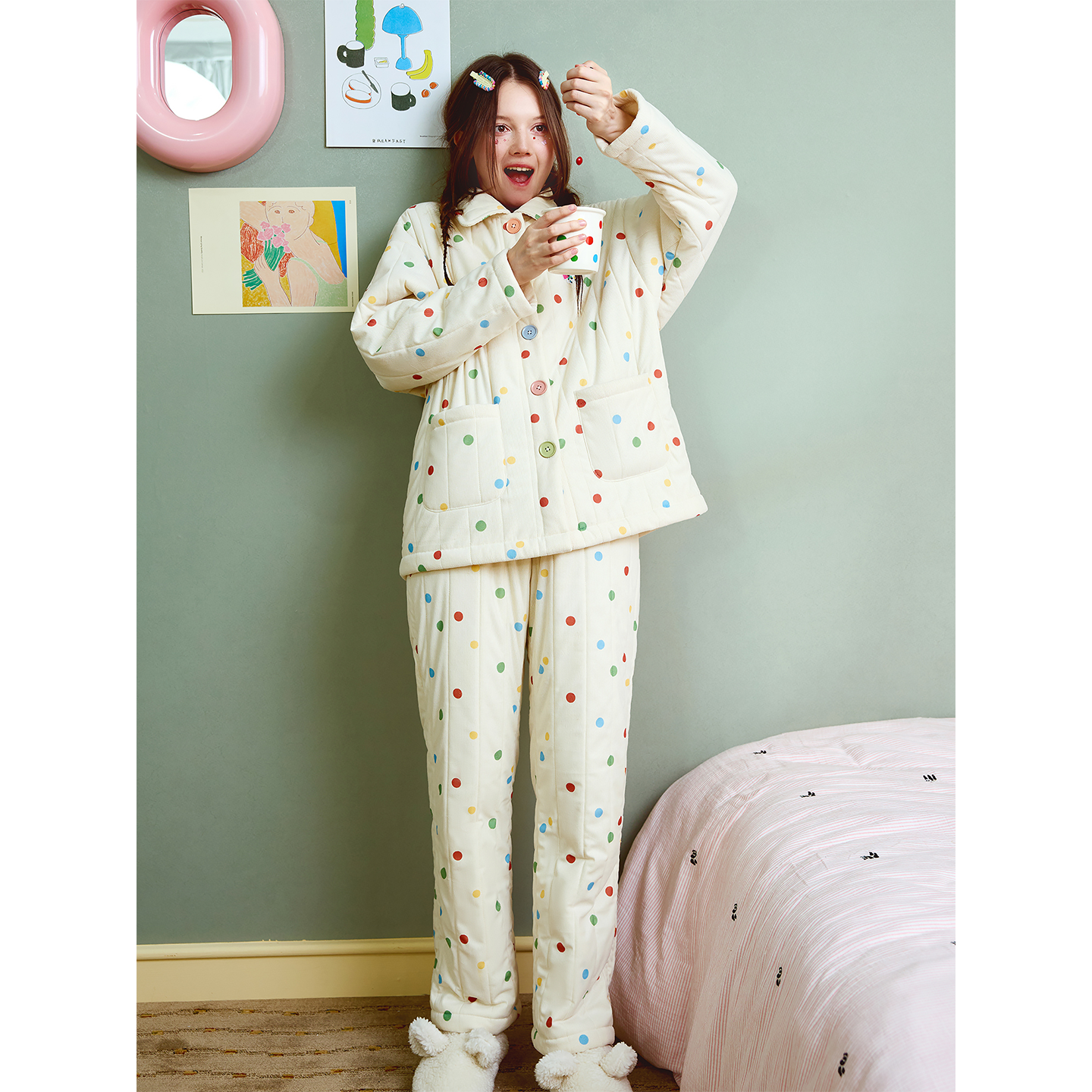 PJOCLOCK睡时记睡衣女冬加厚绗棉灯芯绒可外穿三层夹棉家居服套装