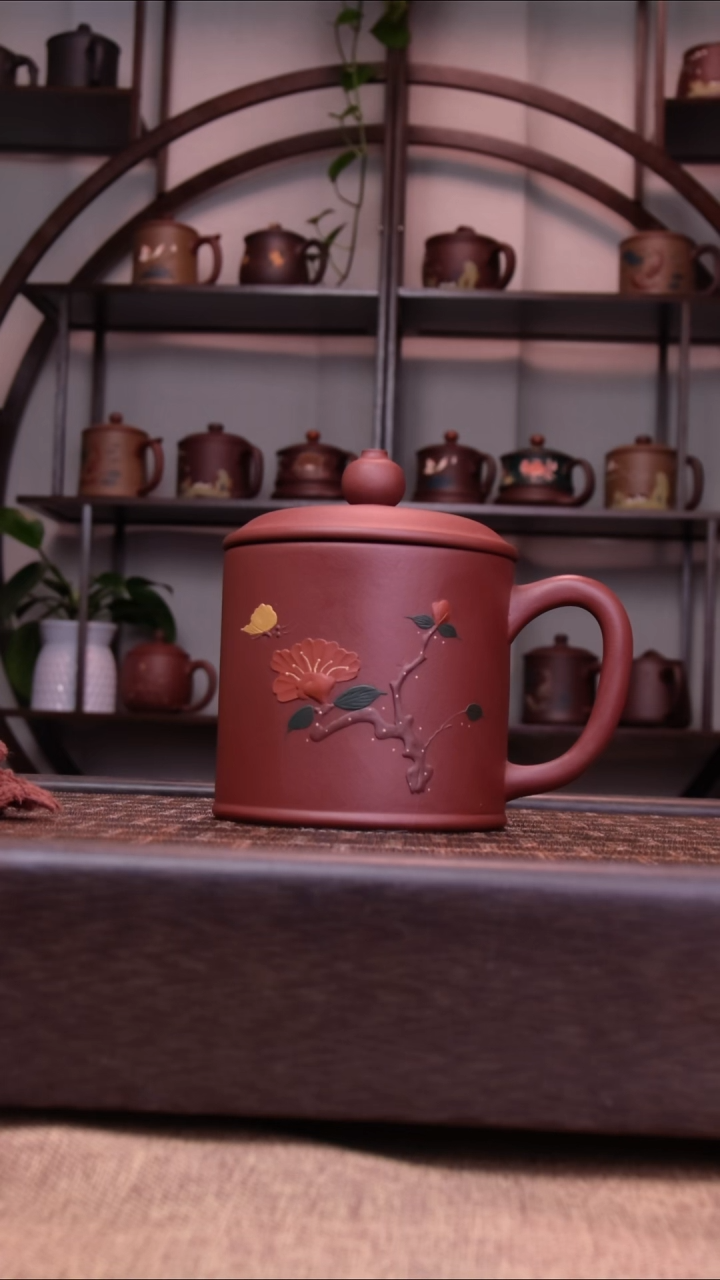 茶杯紫砂手工泥绘紫气东来直筒杯