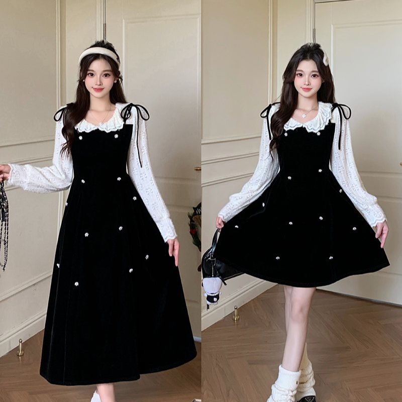 胖mm大码女优雅气质假两件长短款丝绒连衣裙23356短款+23353长款