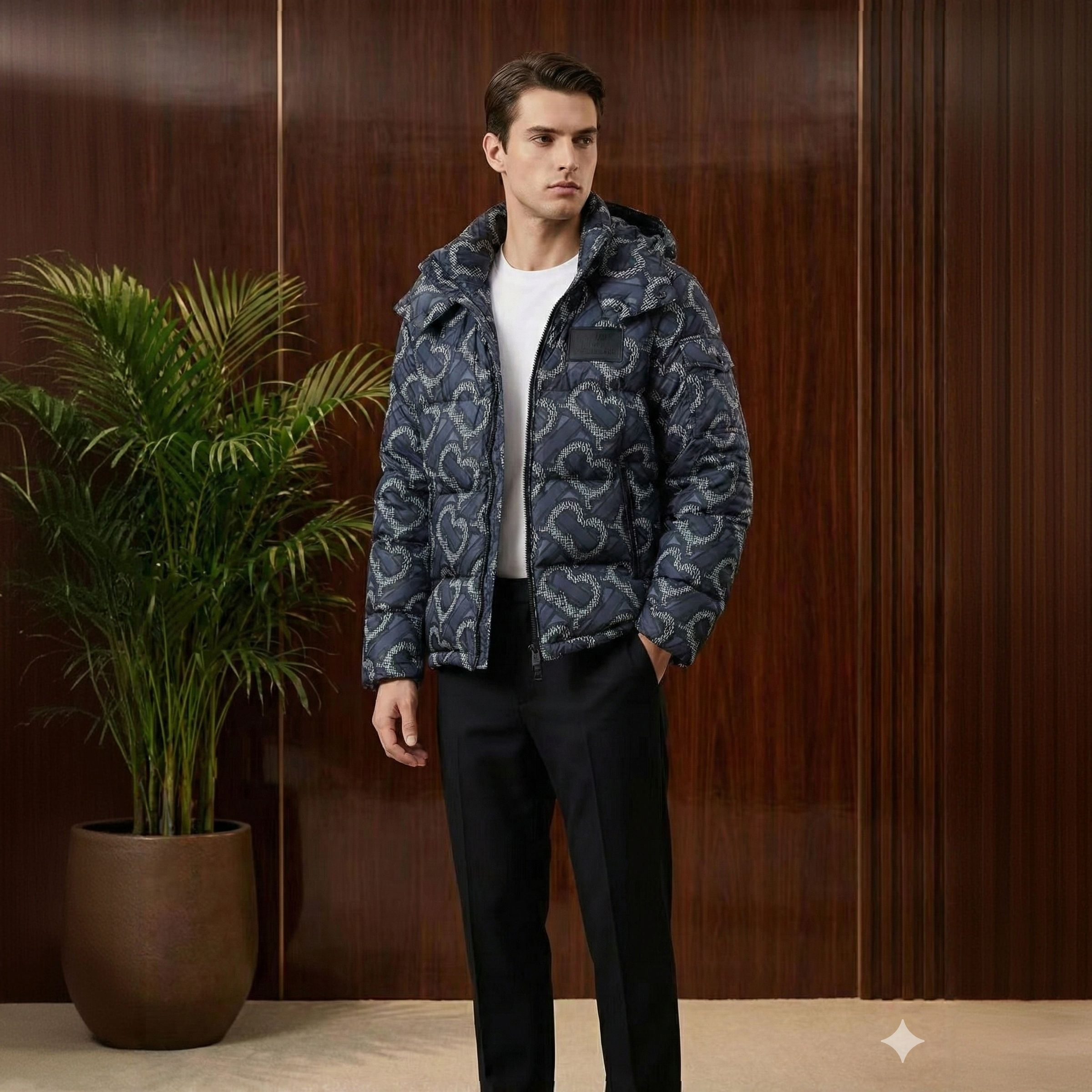 单面穿休闲风印花保暖拉链男士满印百搭短款羽绒服连帽