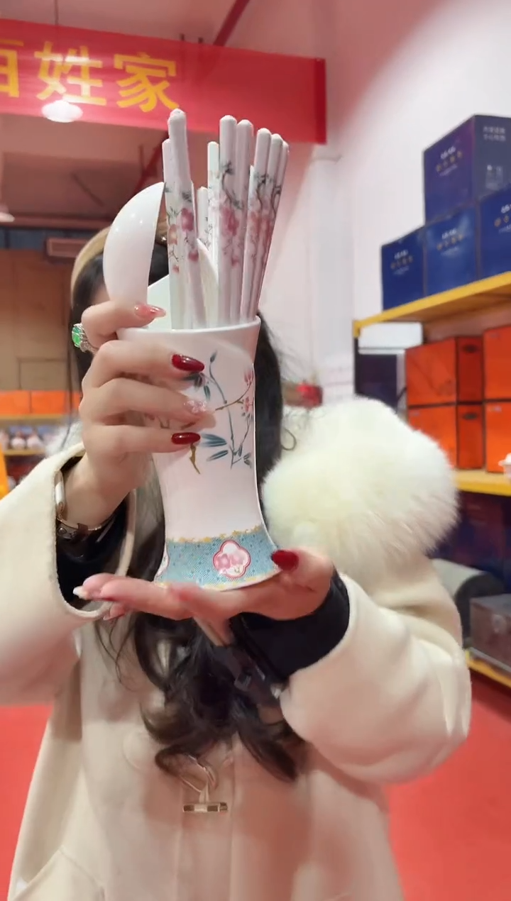 瓶陶瓷翠竹红梅筷子桶四件套