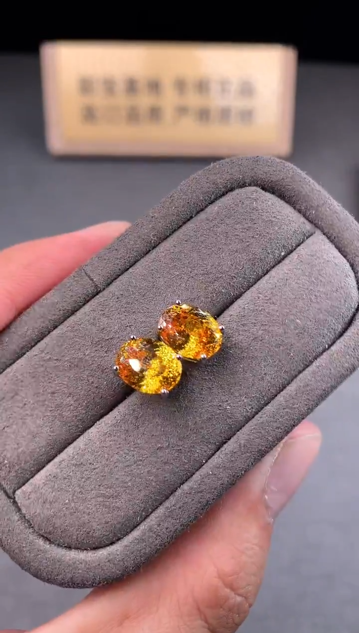 银S925镶嵌耳饰黄色碧玺2222