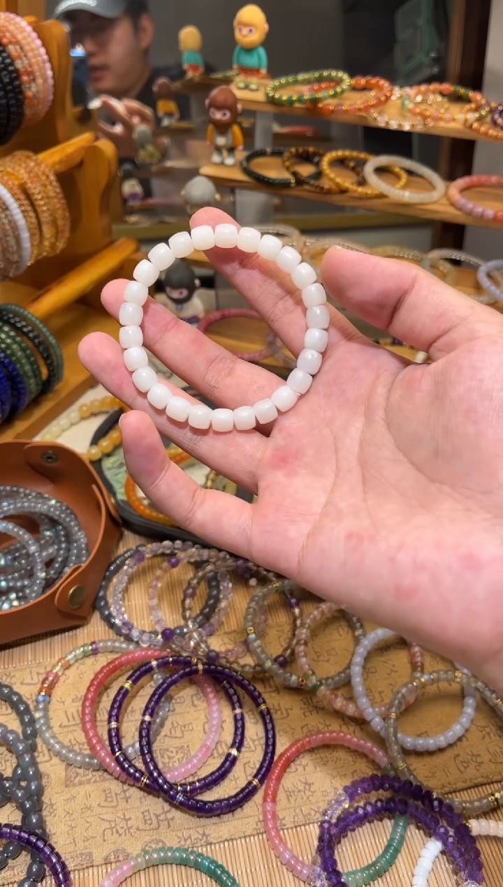 手串银S925镶嵌和田玉7.8m白和田玉手串