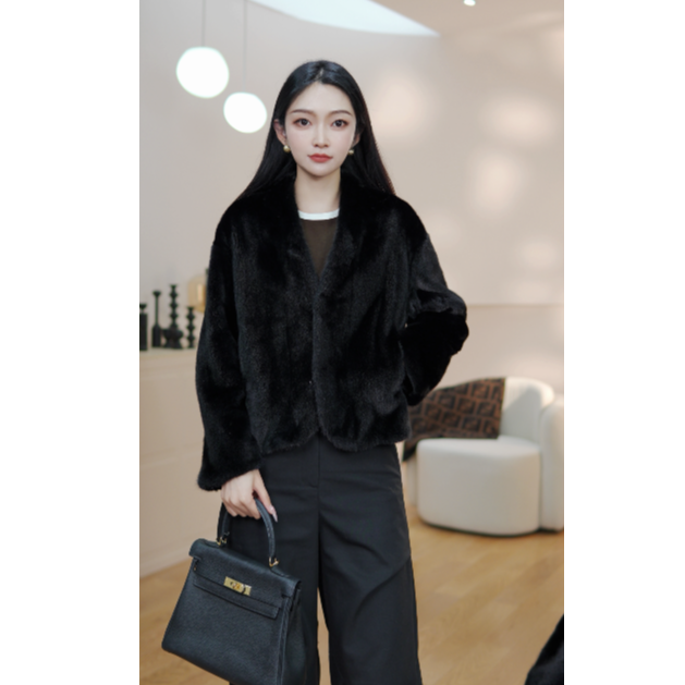【苏苏】WX001V领水貂50CM轻奢时尚短款整貂天鹅绒品质皮草外套