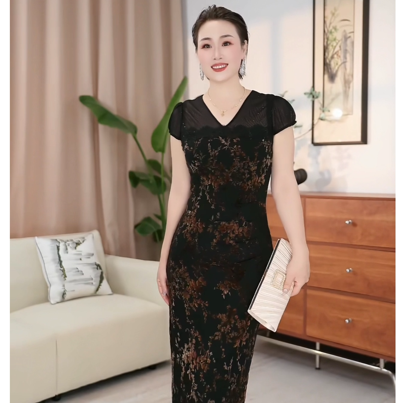 【明镐姐姐】观夏气质名媛风夏季新款黑色印花连衣裙-YL50179