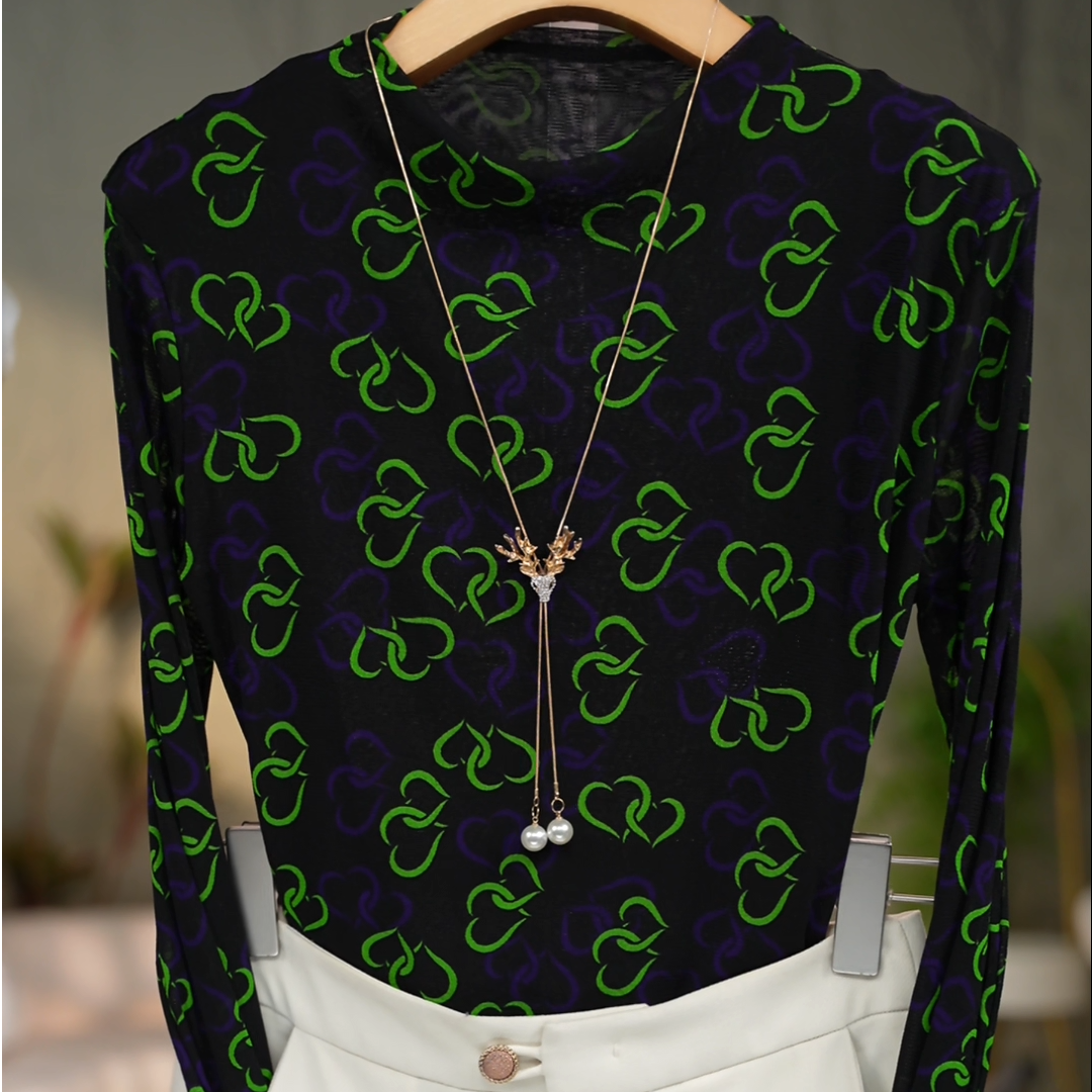 179秋季新款长袖气质半高领T恤印花网纱百搭修身显瘦打底衫8258