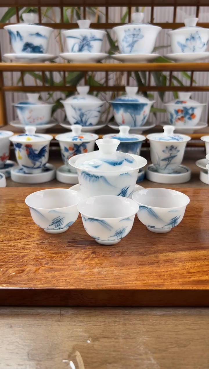 雪*全品高冰清山水130ml三才盖碗+小和顺杯5个