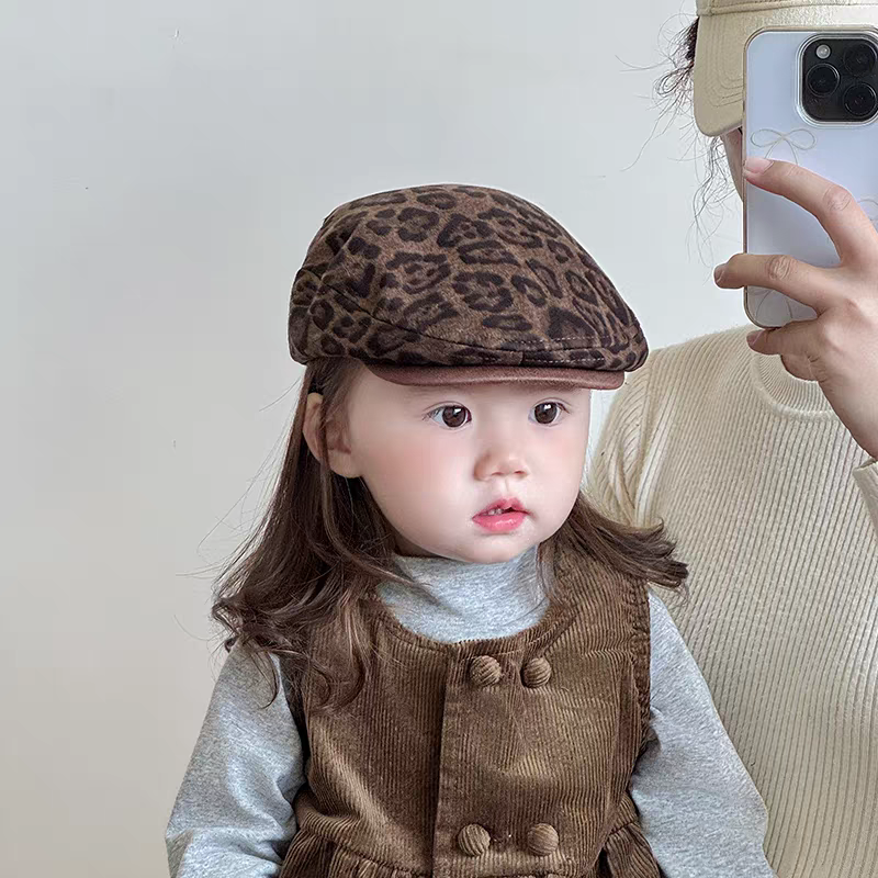 儿童帽子春秋款洋气豹纹前进帽男女宝宝反戴贝雷帽小孩复古画家帽