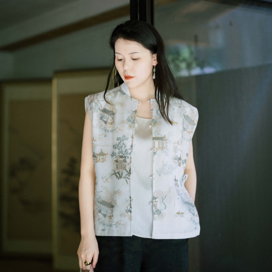 了了李唐恰逢丨新中式真丝刺绣双面穿马甲国风女款时尚中国风无袖