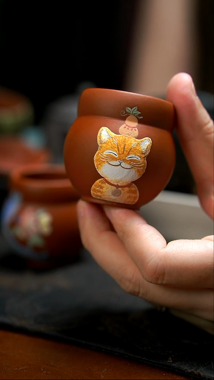 茶壶紫砂橘猫葫芦杯