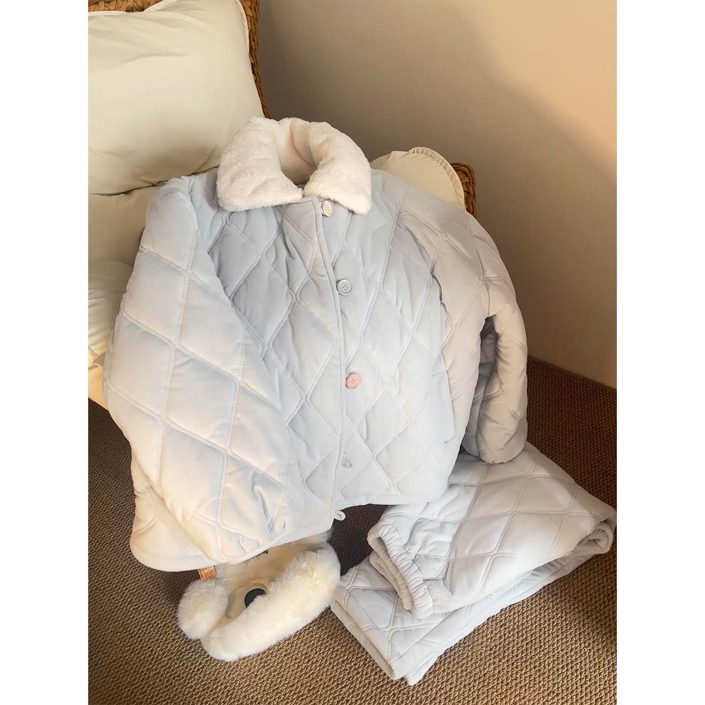 韩版甜美纯色保暖夹棉睡衣女2025秋冬季新款加厚家居服套装可外穿