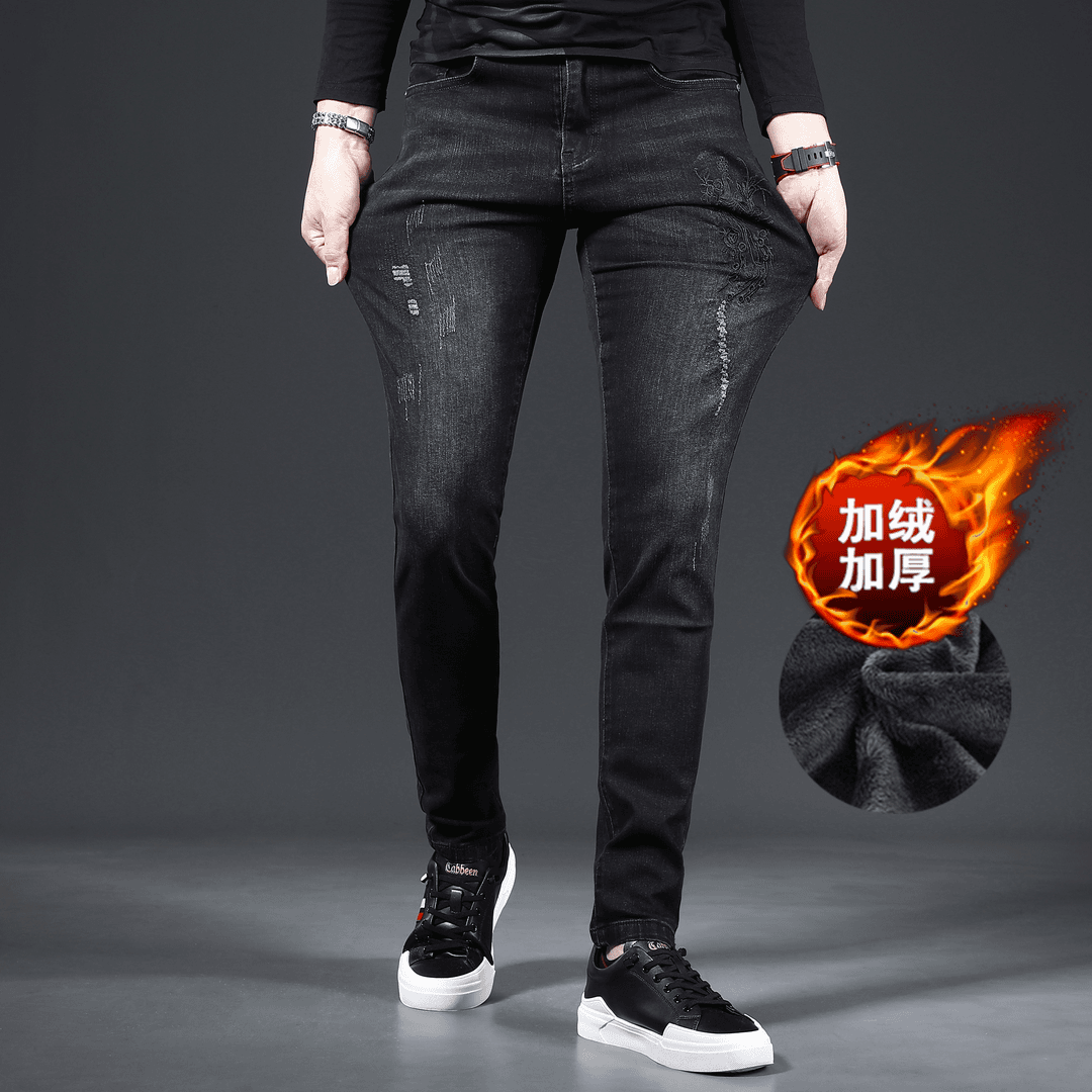 秋冬新款男士刺绣黑色牛仔裤长裤修身小脚显瘦裤韩版潮流裤子