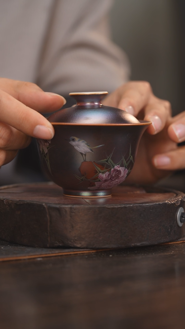 【闪购商品】杯123柴房陶瓷柴烧 窑宝花鸟盖碗