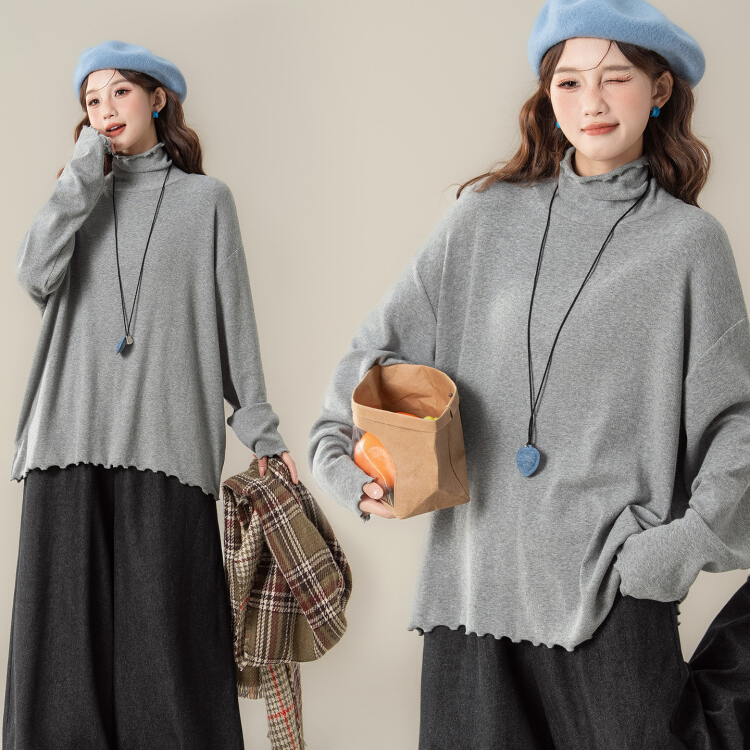 慵懒风高领长袖T恤女2025秋冬新款宽松显瘦木耳边灰色打底衫上衣