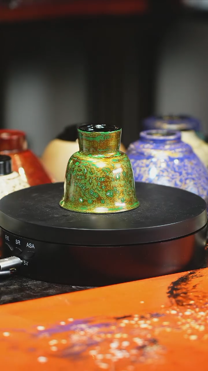 大漆工艺绿金色小高足