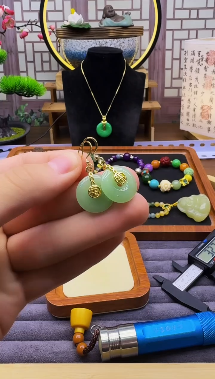 和田玉14K金镶嵌耳饰E205