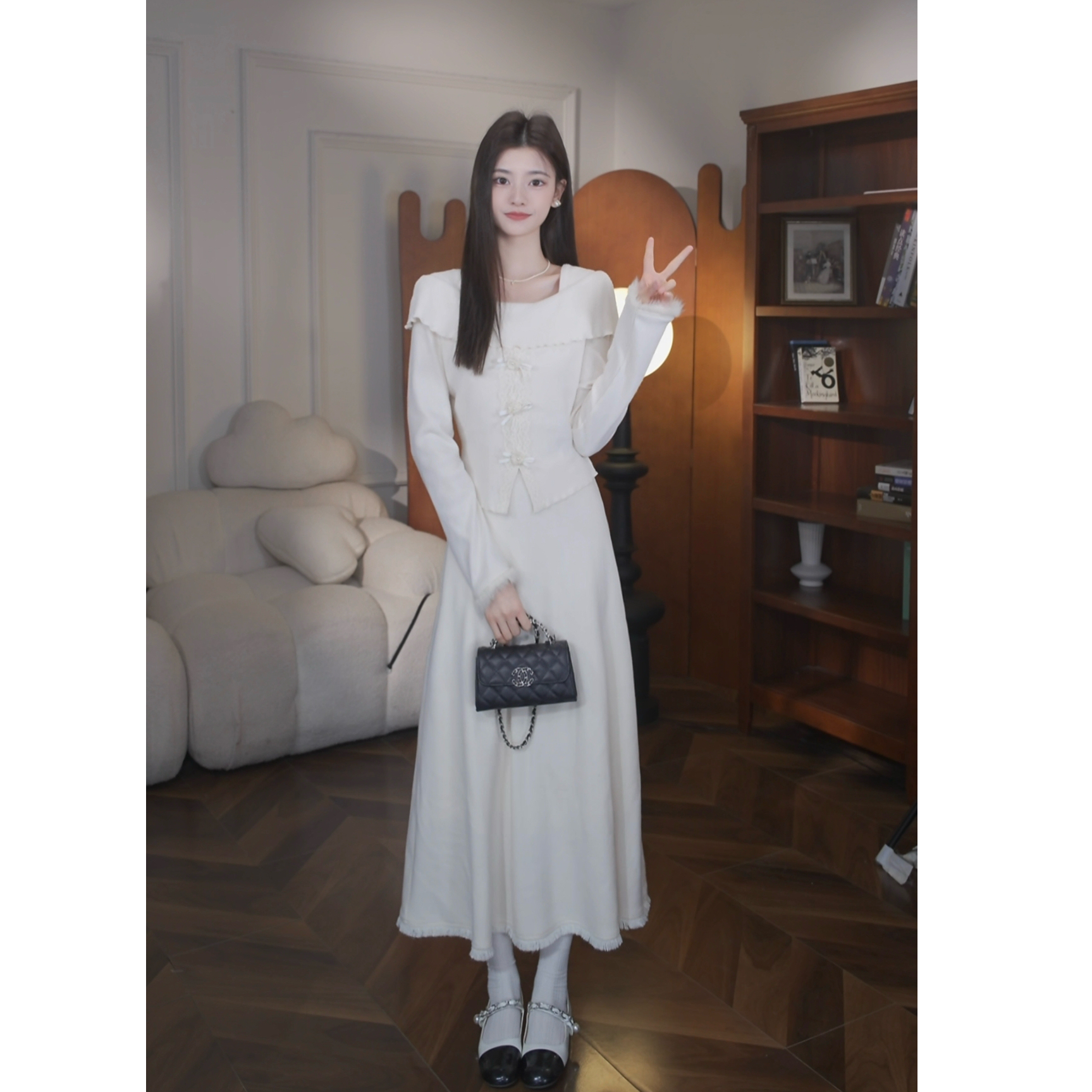 鹿向南[浪漫前奏]秋冬法式温柔韩系显瘦加绒加厚杏色假两件连衣裙