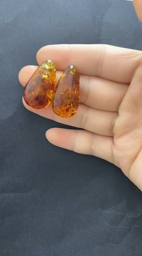 银S925镶嵌琥珀裸石花珀耳钉