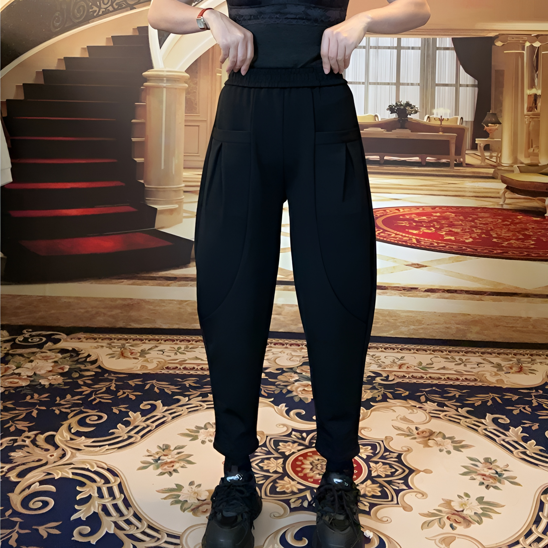 清版2393加绒加厚冬季高腰松紧腰哈伦裤女宽松显瘦休闲裤长裤 