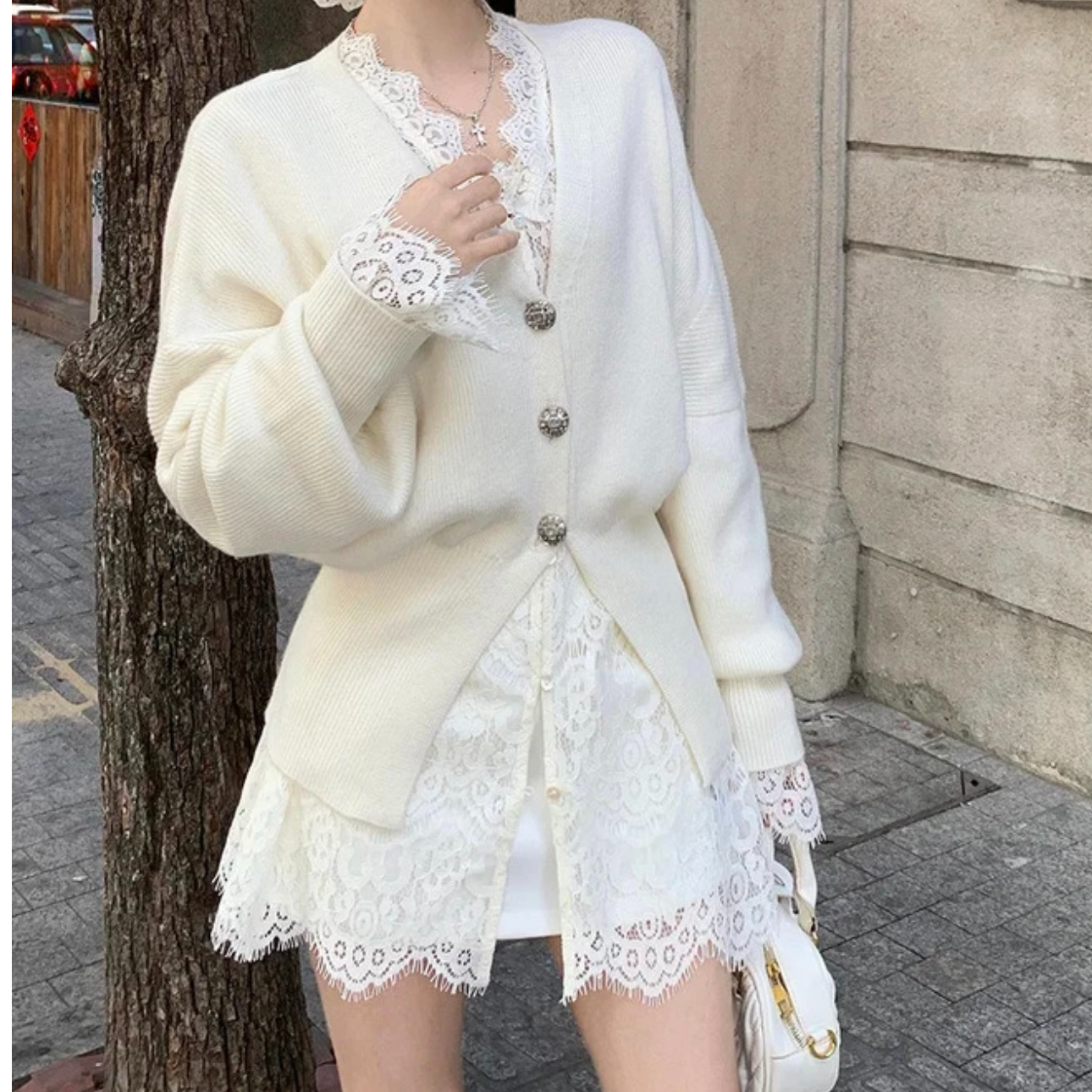 纯欲风洋气三件套女春季甜美蓬蓬裙蕾丝吊带上衣开衫半身裙套装