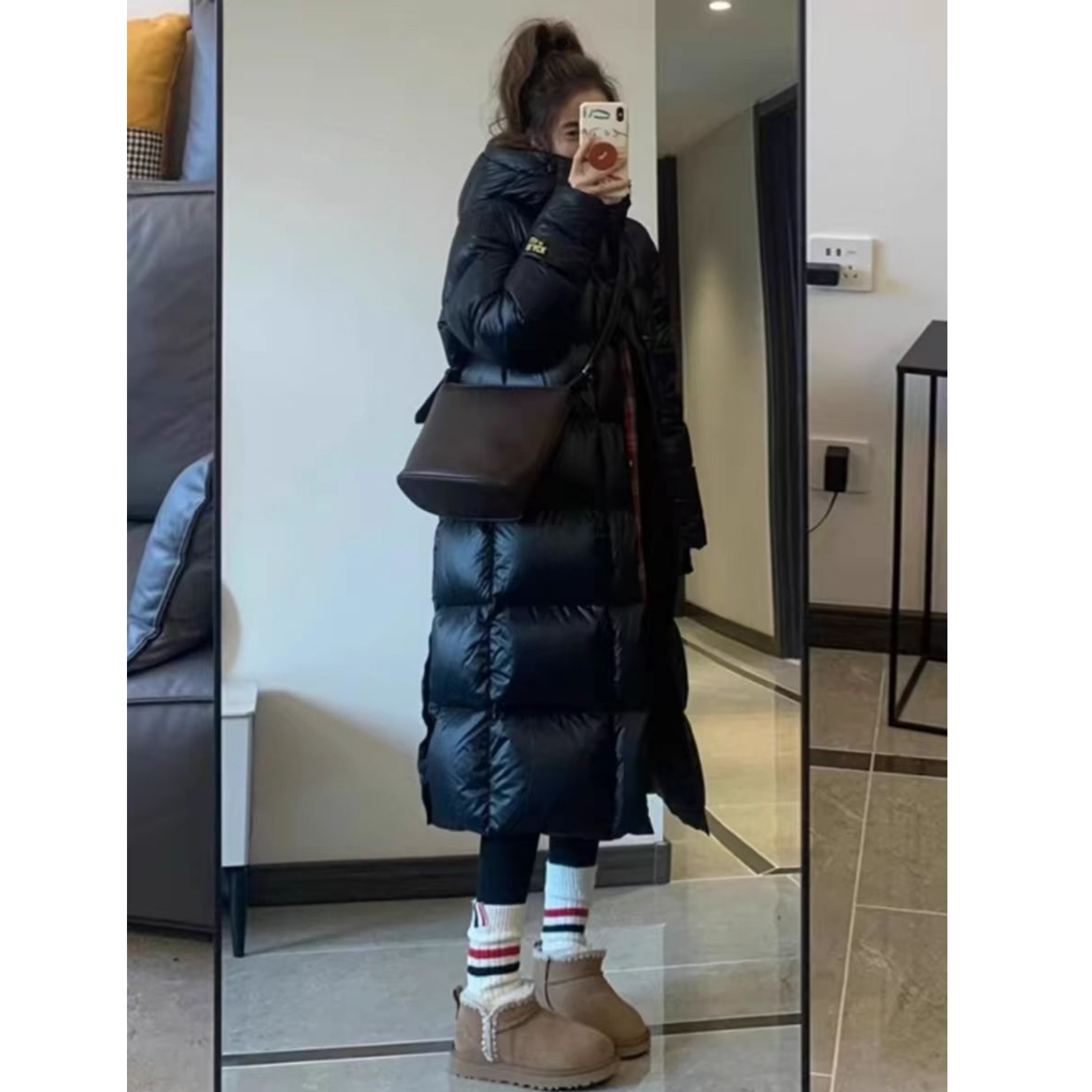 （柚子同款）SQG冬季韩版长款黑金连帽羽绒服