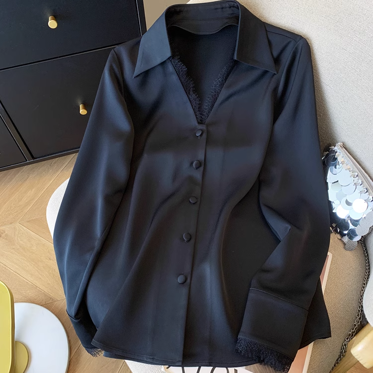 高端轻熟风衬衫女抗皱免烫缎面垂感衬衣长袖宽松黑色上衣质感外穿