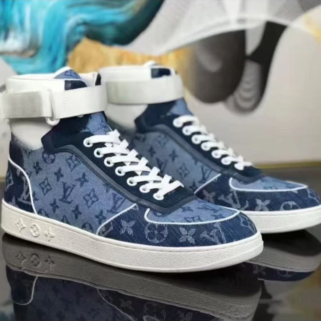 99新 LouisVuitton/路易威登 路易威登蓝色牛仔高帮休闲板鞋37.5