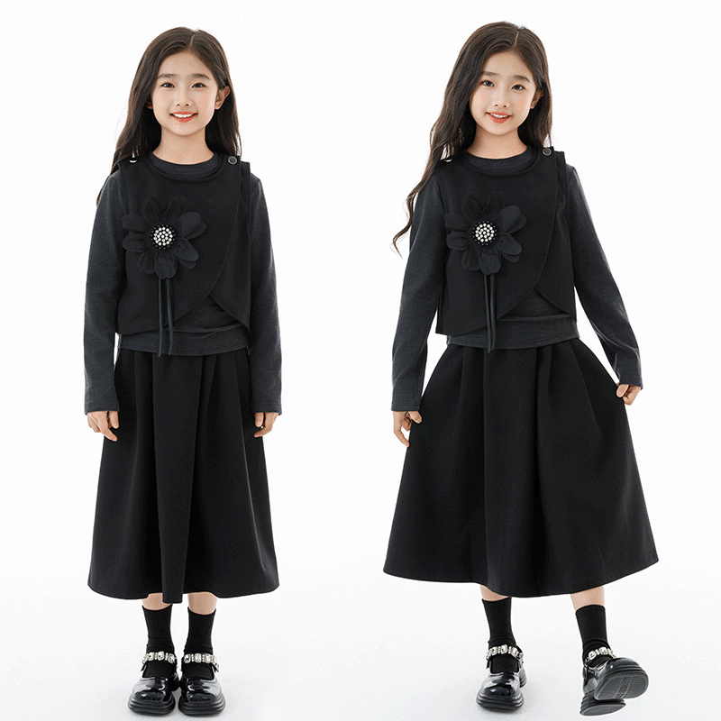女童简约秋季套装裙子2025新款中大童韩版宽松三件套百搭半身裙子