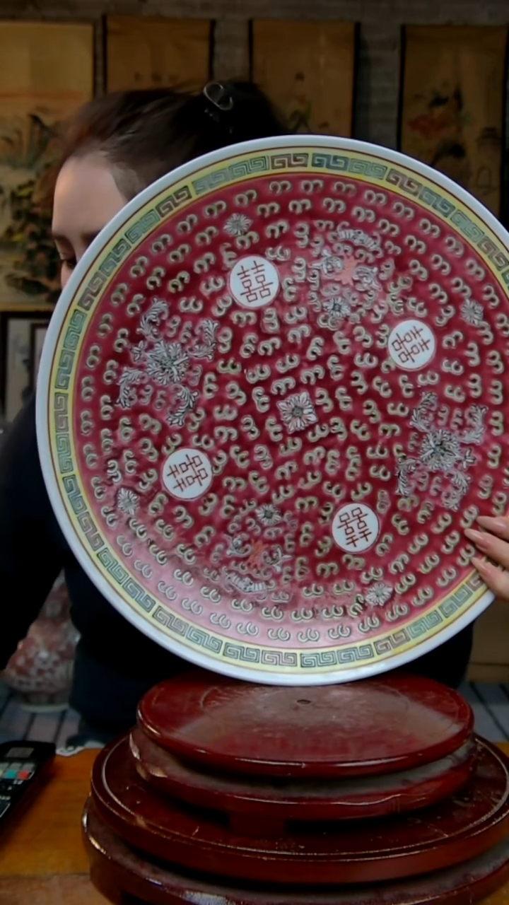 摆件陶红色喜字超大赏盘