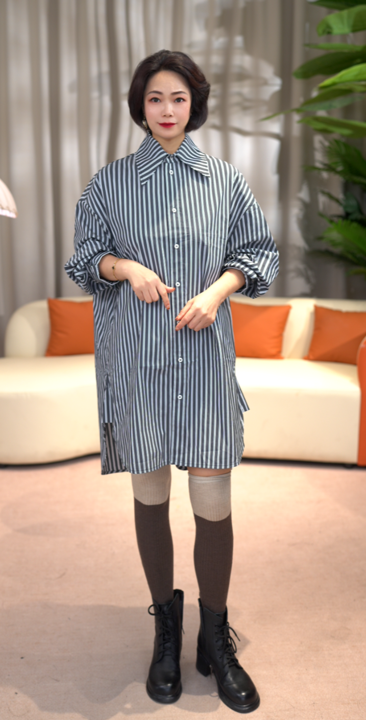 设计感时尚百搭中长款条纹衬衫女2025慵懒风宽松显瘦衬衣MF112