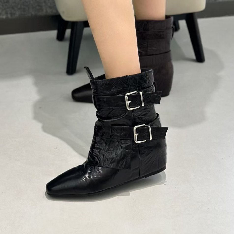 新款牛皮增高3.5公分短靴33593黑色