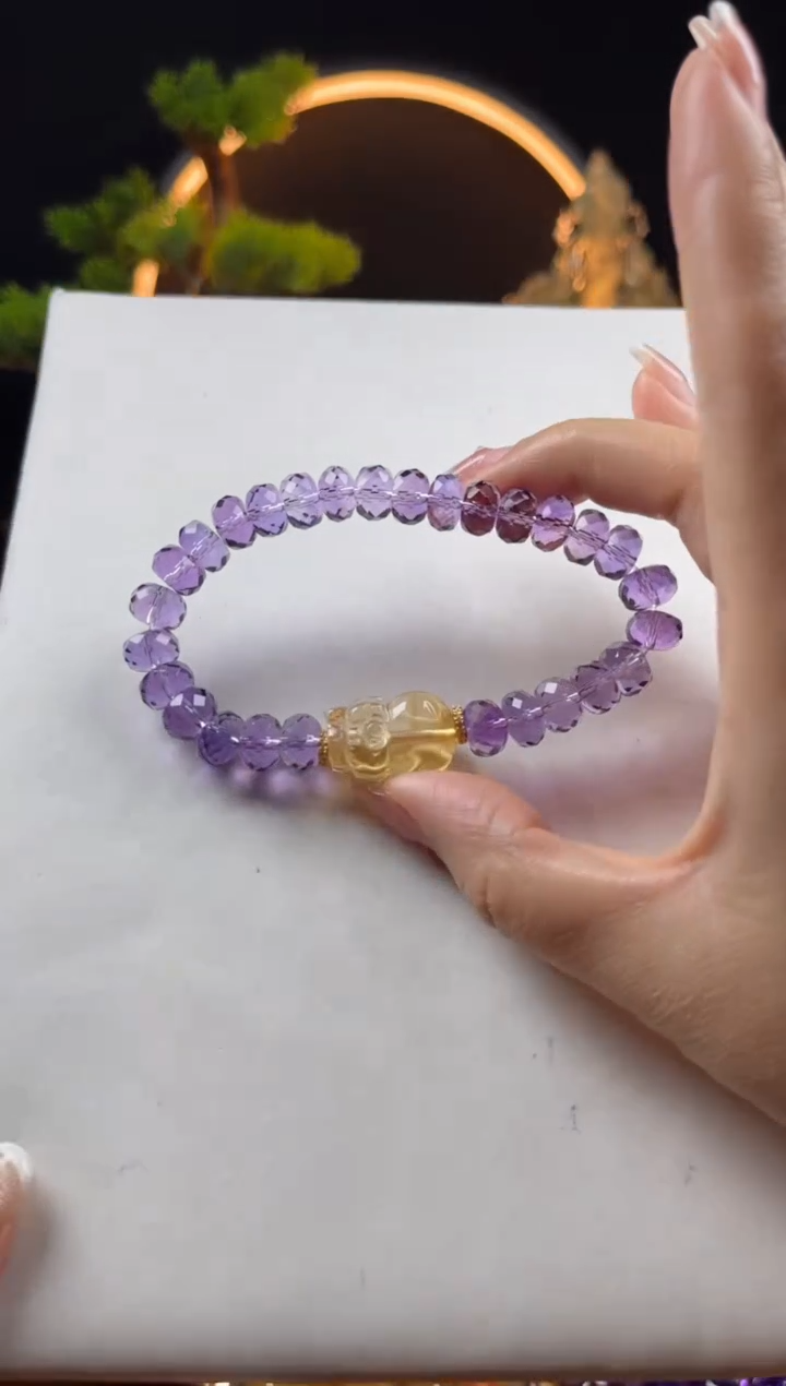 【闪购商品】水晶手链未镶嵌天然紫水晶算盘切搭貔貅手串