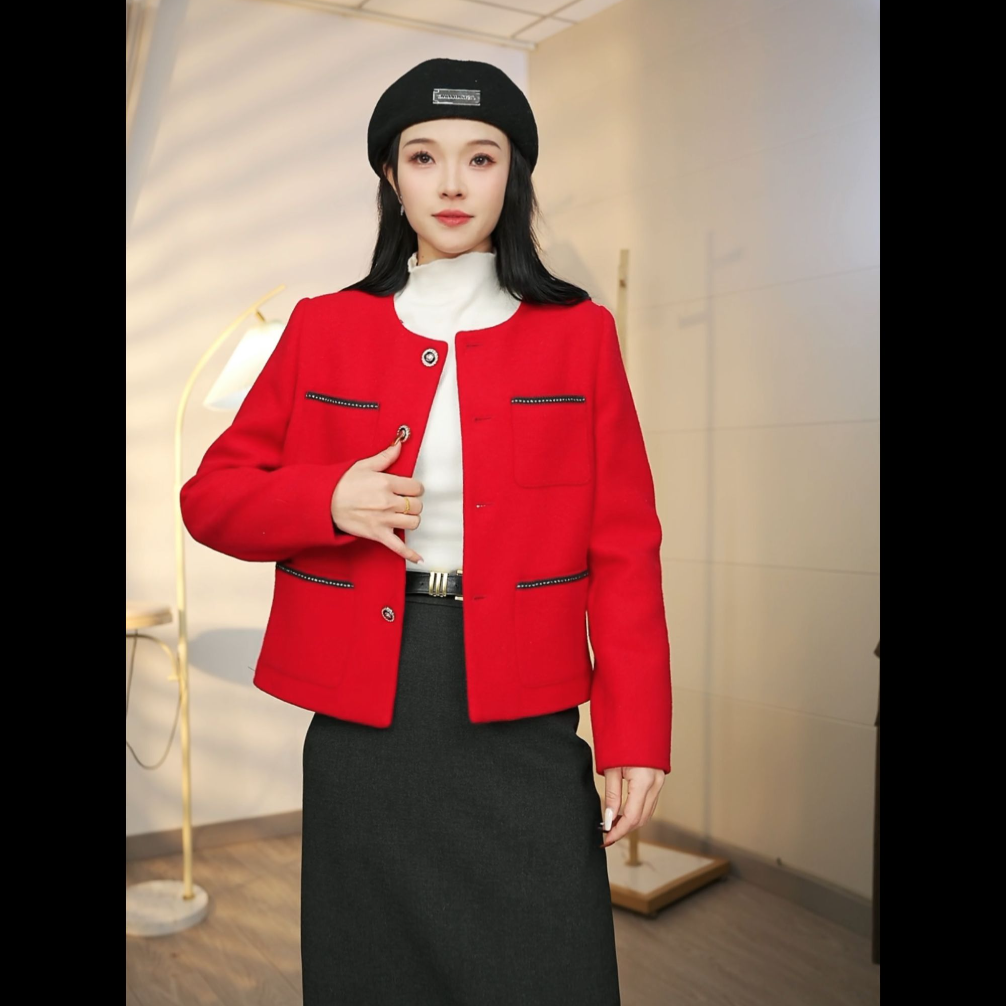 【38款】25年春季新款小香风女双面外套圆领短款纽扣毛呢时尚爆款