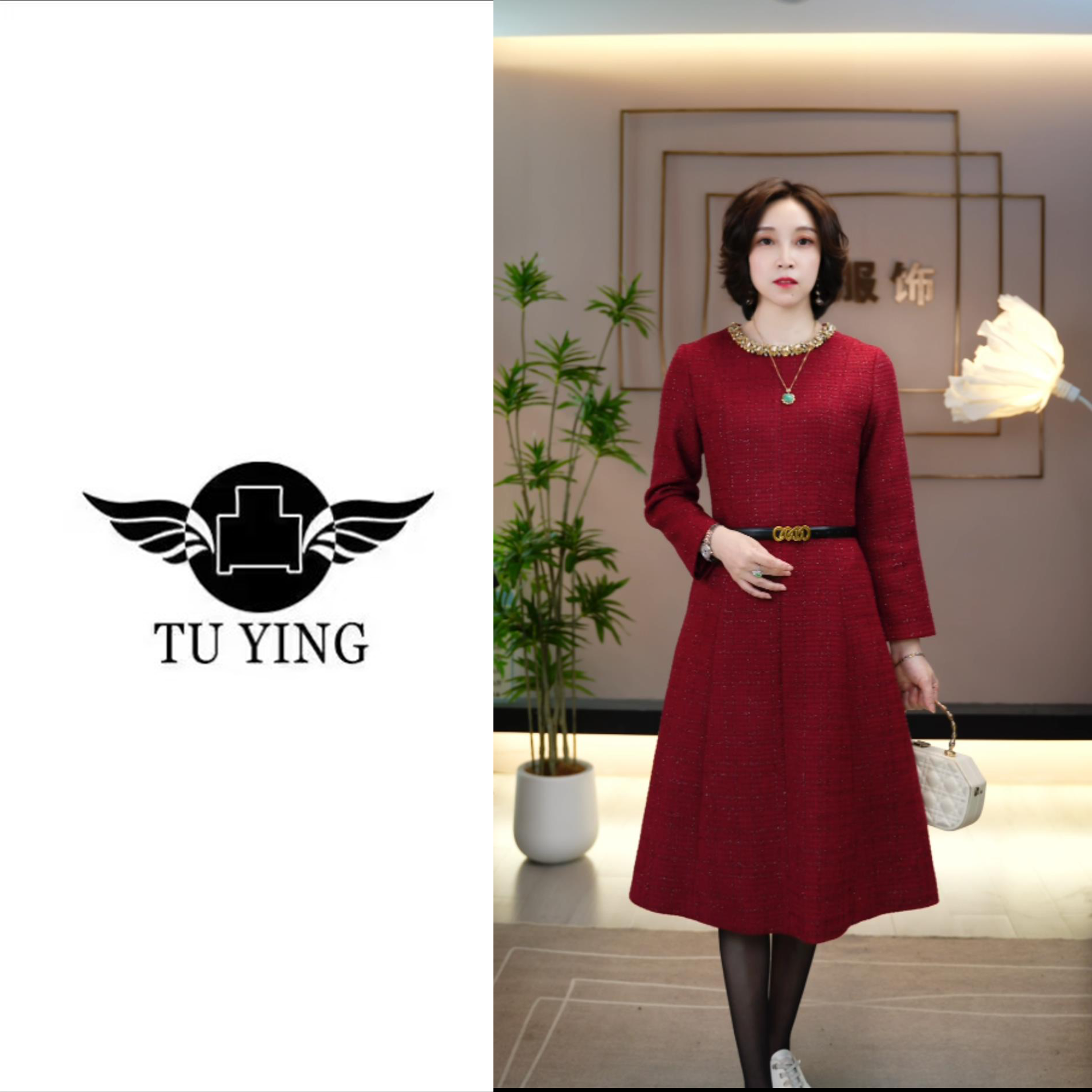 凸影冬季新款百搭圆领重工时尚气质显瘦优雅连衣裙-99148