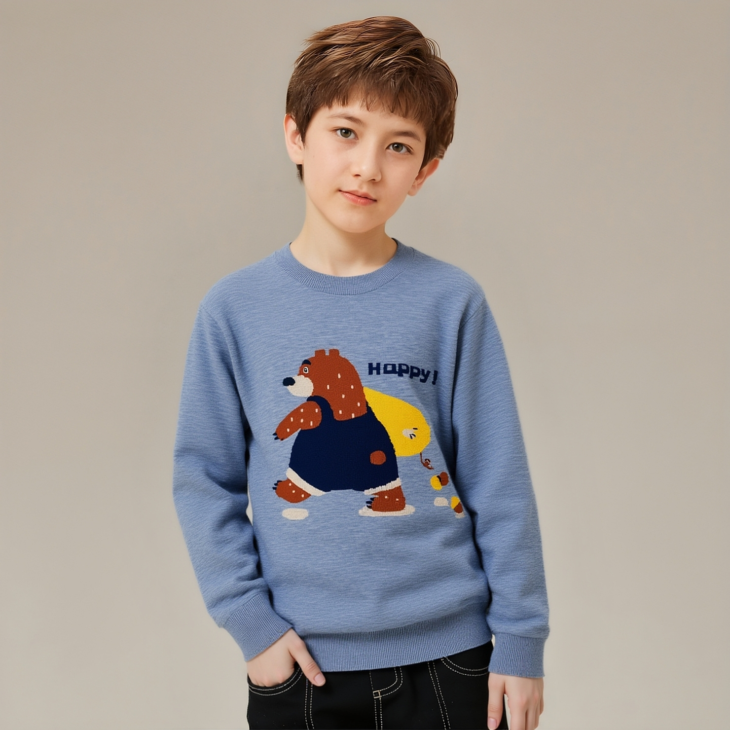 秋冬儿童卡通提花套头羊绒针织长袖