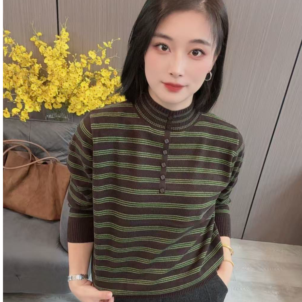 【海片】25761女士休闲时尚冬款半高领条纹韩国绒毛衣针织衫百搭