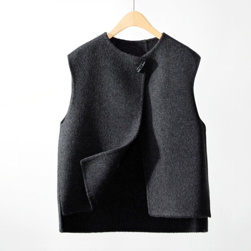 通勤灰色斜门襟圆领羊毛女轻奢气质时尚百搭无袖羊毛双面呢马甲
