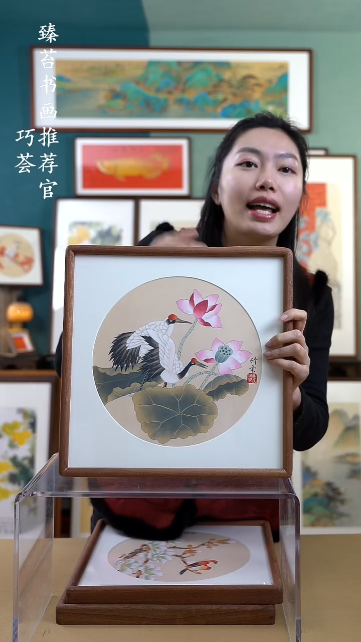 【闪购商品】国画35*35 荷花鹤A721 手写手绘摆台