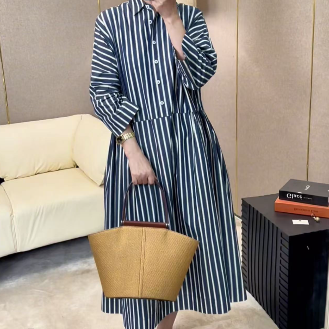 织条纹可通勤廓形衬衫连衣裙B26135