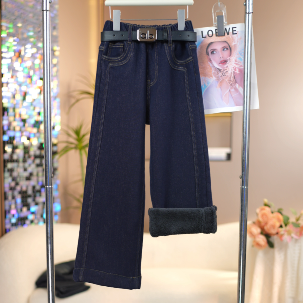 女童【特厚糕糕绒】净色拼接牛仔裤2025冬季新款中大童加绒直筒裤子
