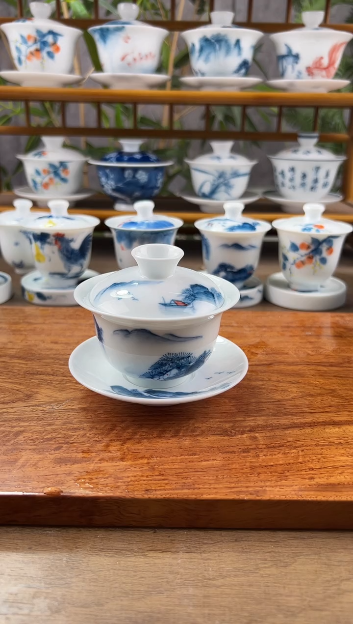 【闪购商品】微瑕千里江山130ml三才盖碗