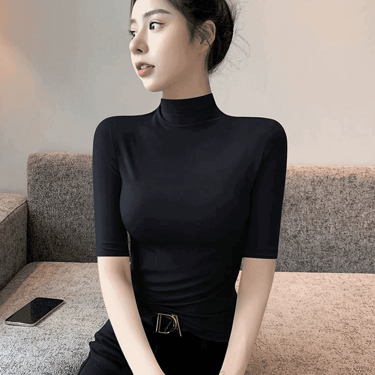 微胖mm秋季五分袖半高领女士高领短袖T恤打底衫内搭黑色赫本风