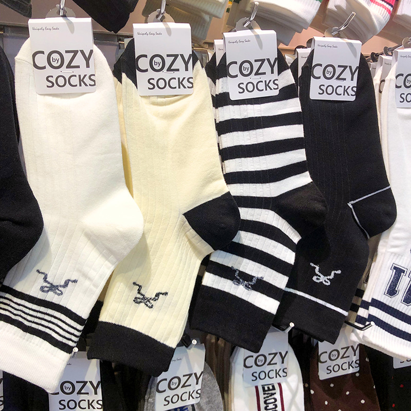 COZY秋冬新款韩国袜子东大门银葱蝴蝶结女棉袜中筒ins风条纹百搭