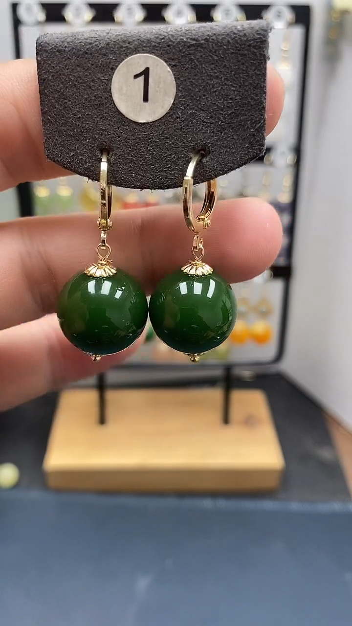 银S925镀金镶嵌和田玉耳饰尺寸16mm耳扣22