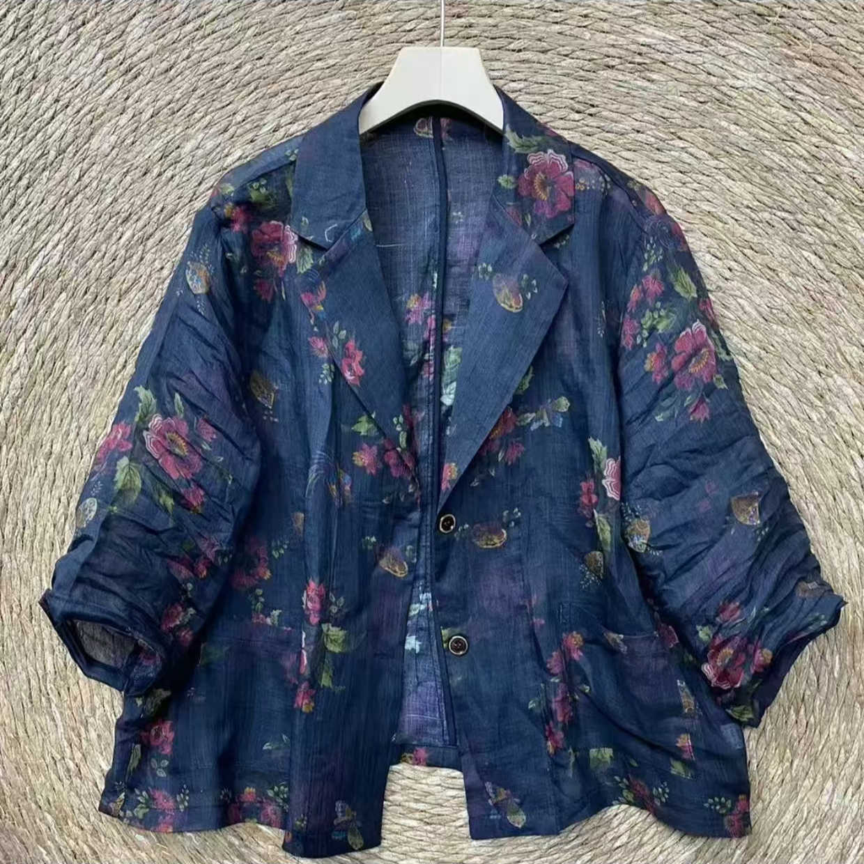 春夏季女装100分苎麻爆款印花国风大码外套宽松七分袖女款西服