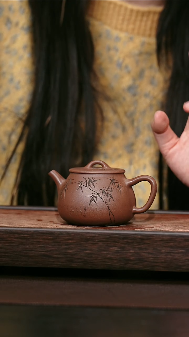 茶壶紫砂原矿紫砂壶   竹节石瓢刻绘  200cc  