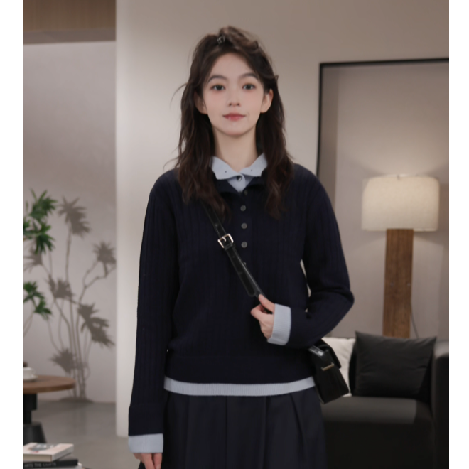 【素典上新】25年秋季新款miu系针织显瘦藏青色立领小个子女生