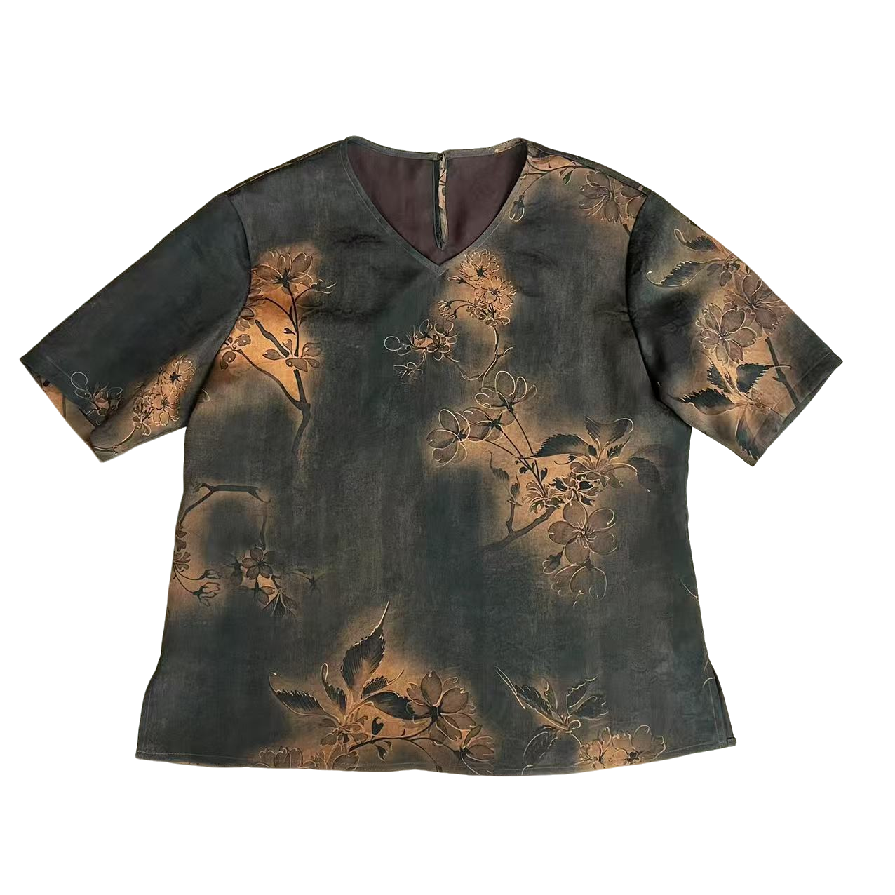 [上古锦·山水画]100桑蚕丝古法剪裁时尚新中式香云纱短袖上衣