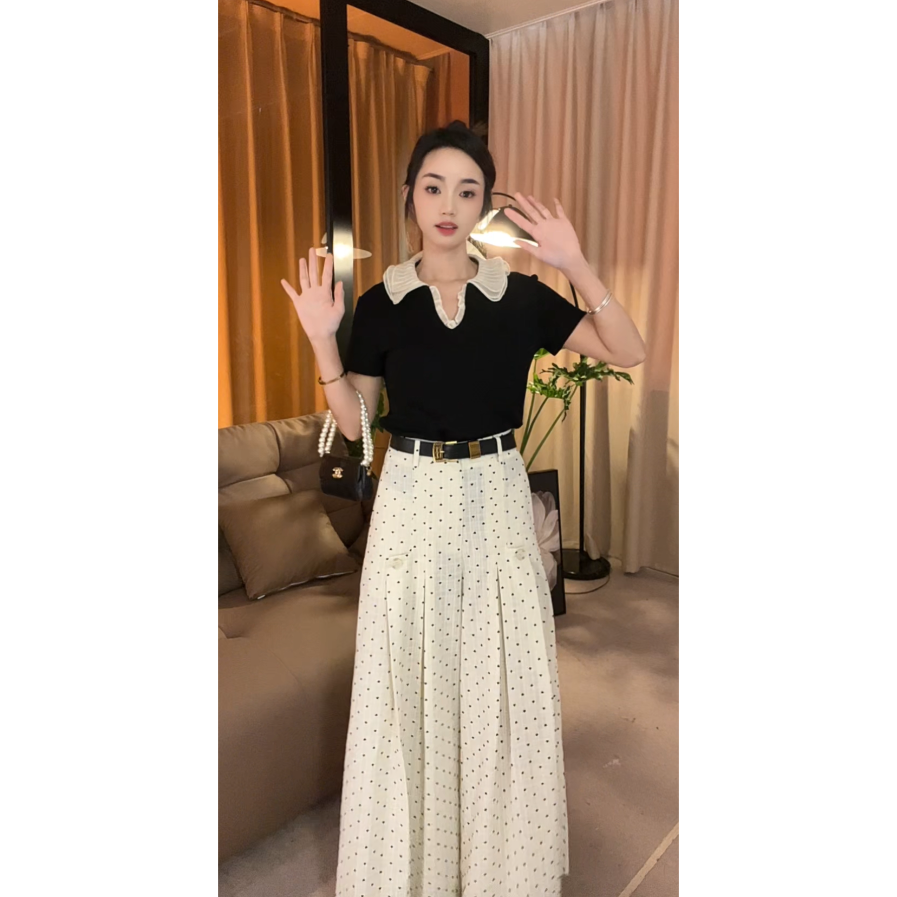 【秋秋】2025春季时尚百搭新款黑白斑点伞裙套装9055+9056